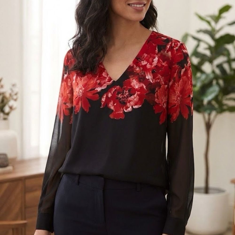 Calvin Klein V Neck Red Floral Blouse size S